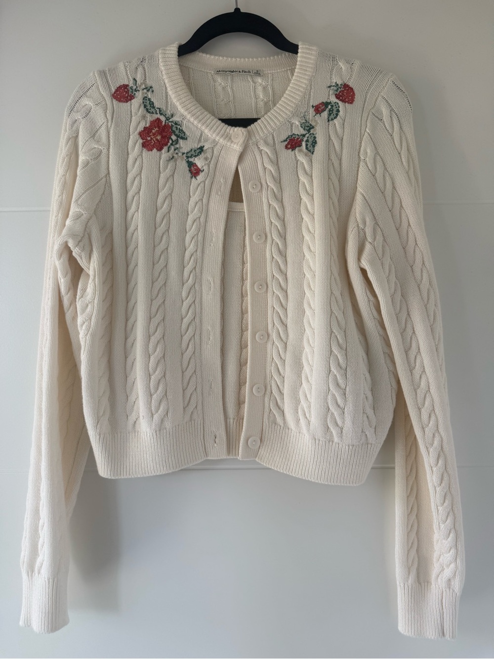 Abercrombie & Fitch Cream Cable Knit Cardigan with Floral Embroidery